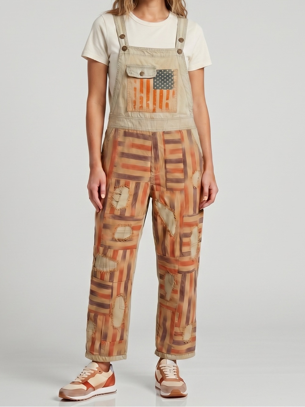 NWOT! PAPER LACE American Flag Patchwork Stripe Utility Overalls, S